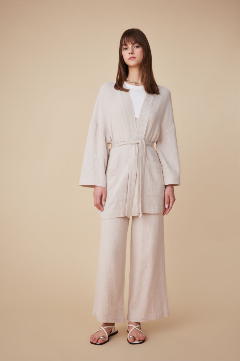 Woman Sand Regular Fit V-Neck Muslin Kimono