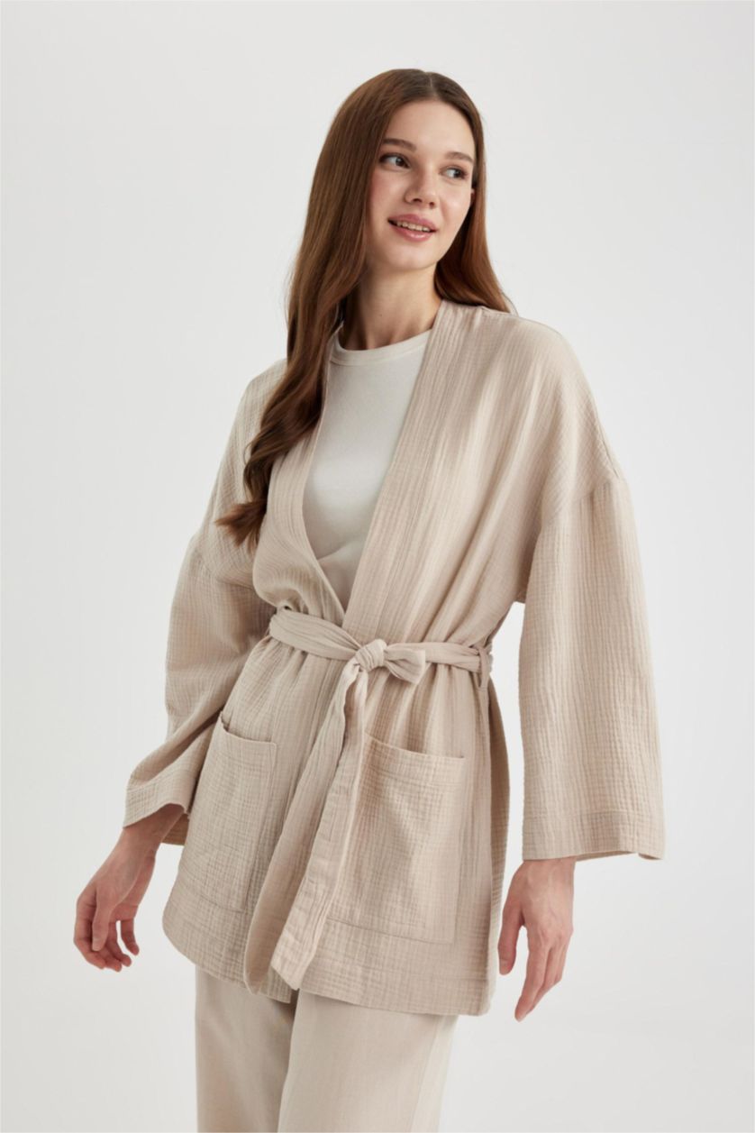 Woman Sand Regular Fit V-Neck Muslin Kimono