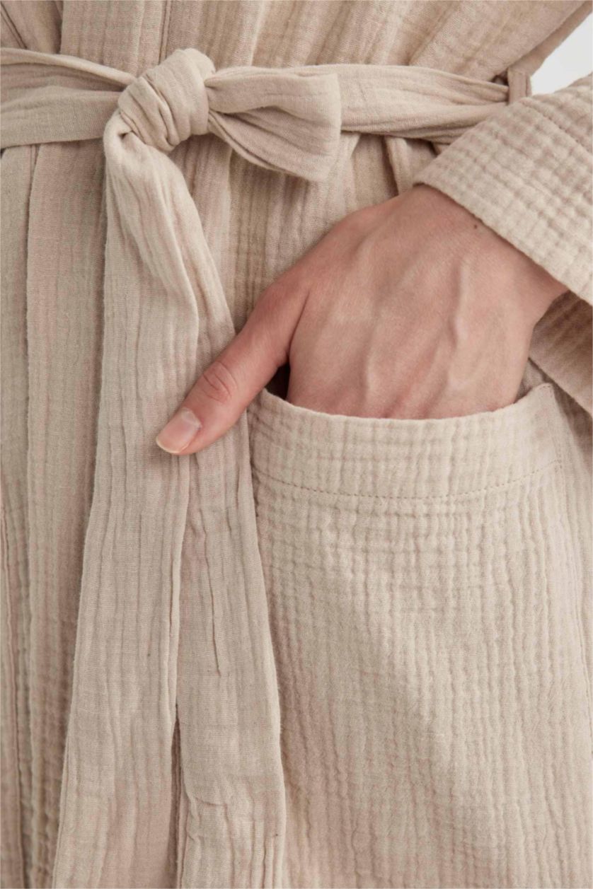 Woman Sand Regular Fit V-Neck Muslin Kimono