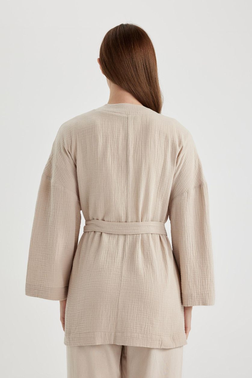 Woman Sand Regular Fit V-Neck Muslin Kimono