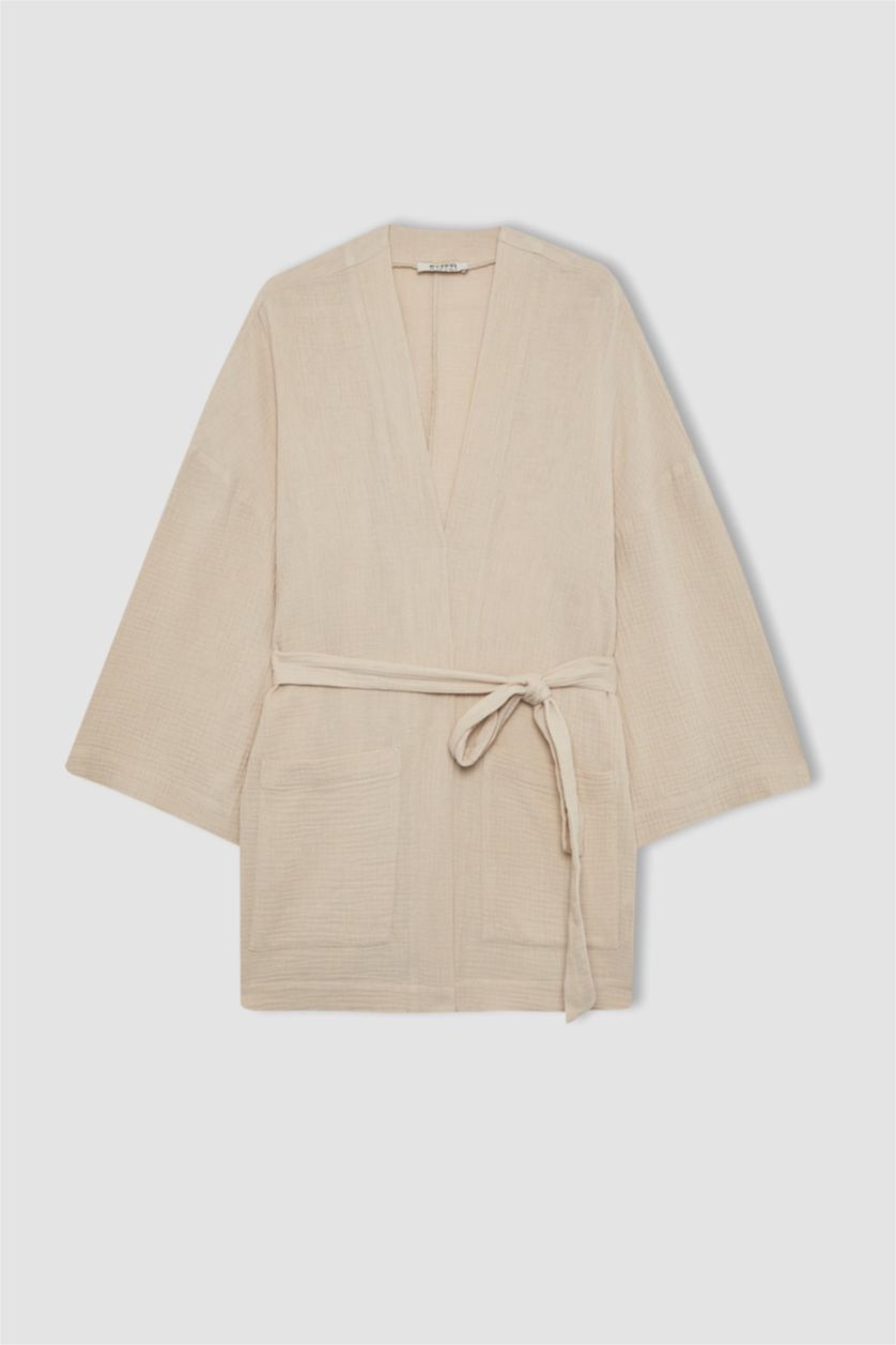 Woman Sand Regular Fit V-Neck Muslin Kimono