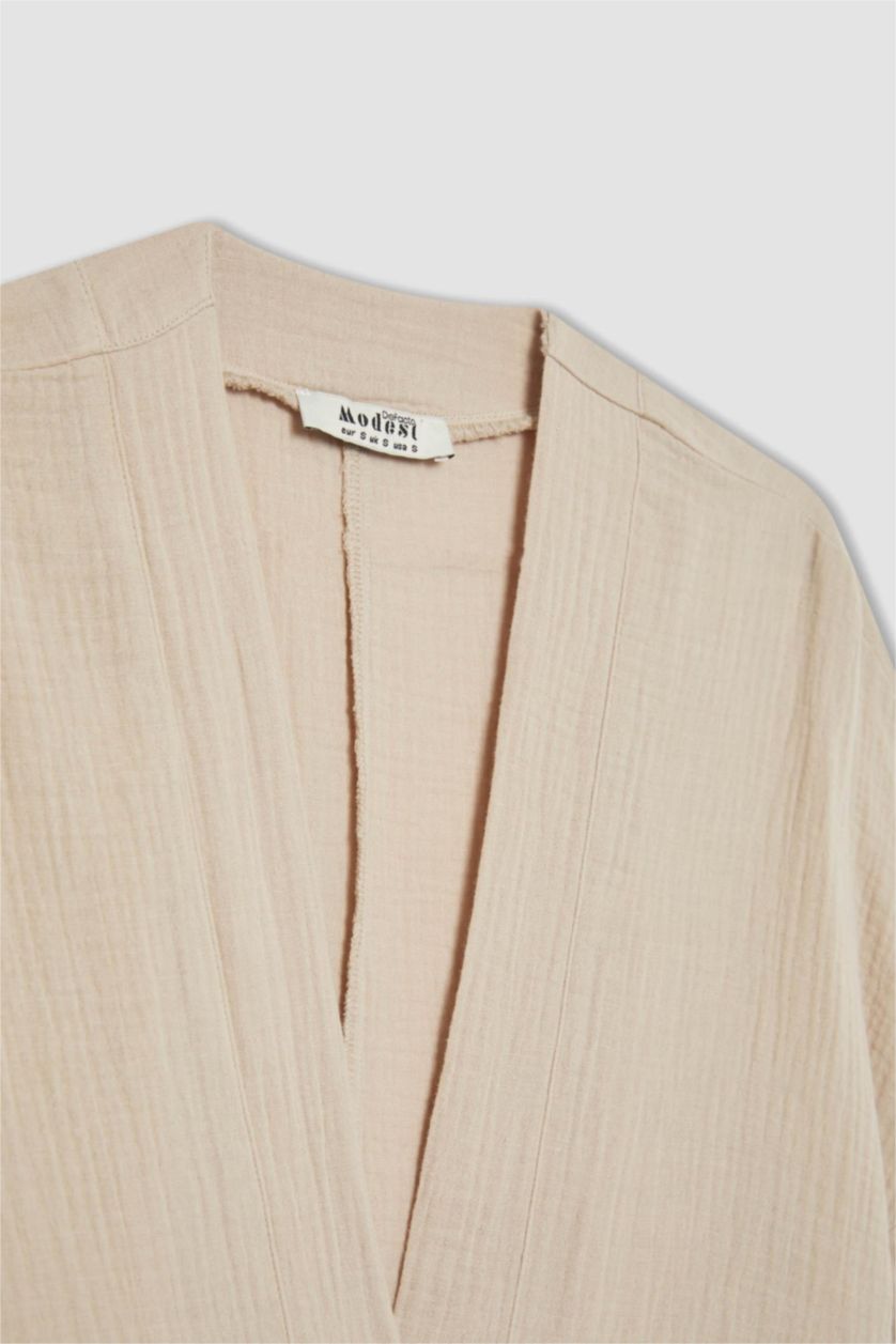 Woman Sand Regular Fit V-Neck Muslin Kimono