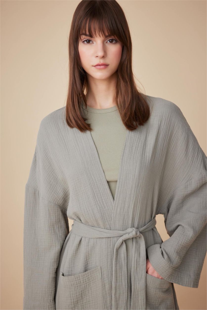 Woman Light Khaki Regular Fit V-Neck Muslin Kimono