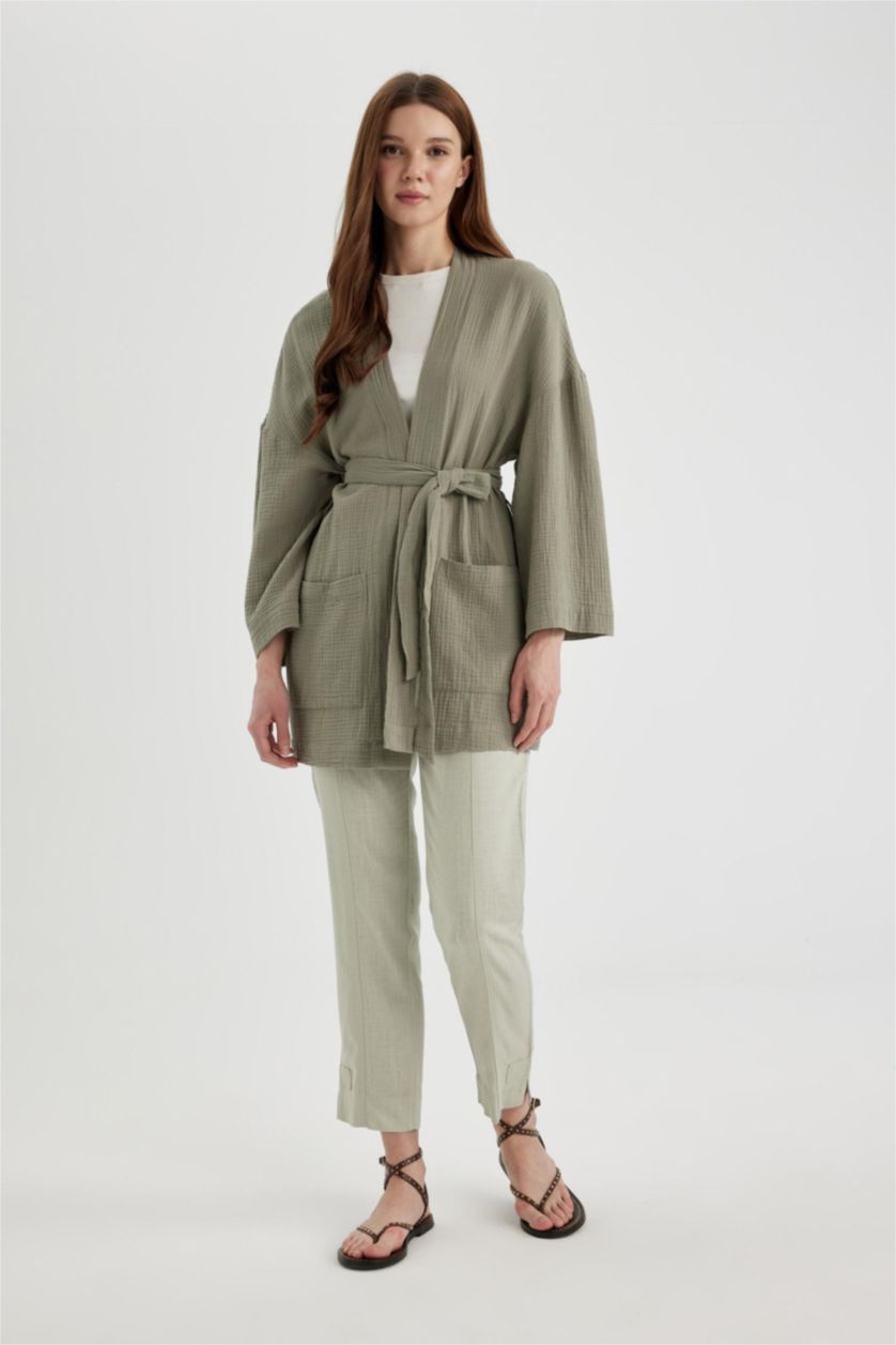 Woman Light Khaki Regular Fit V-Neck Muslin Kimono