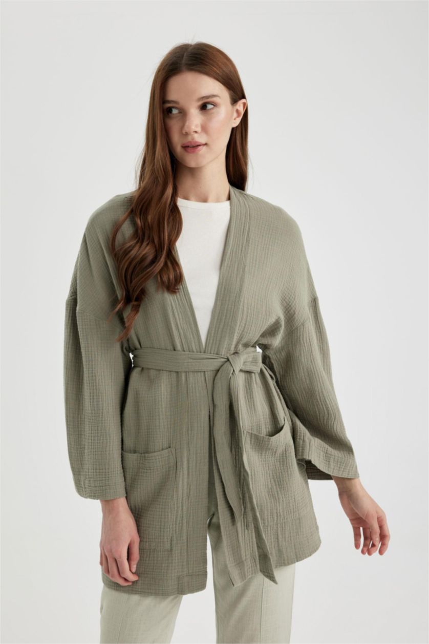 Woman Light Khaki Regular Fit V-Neck Muslin Kimono