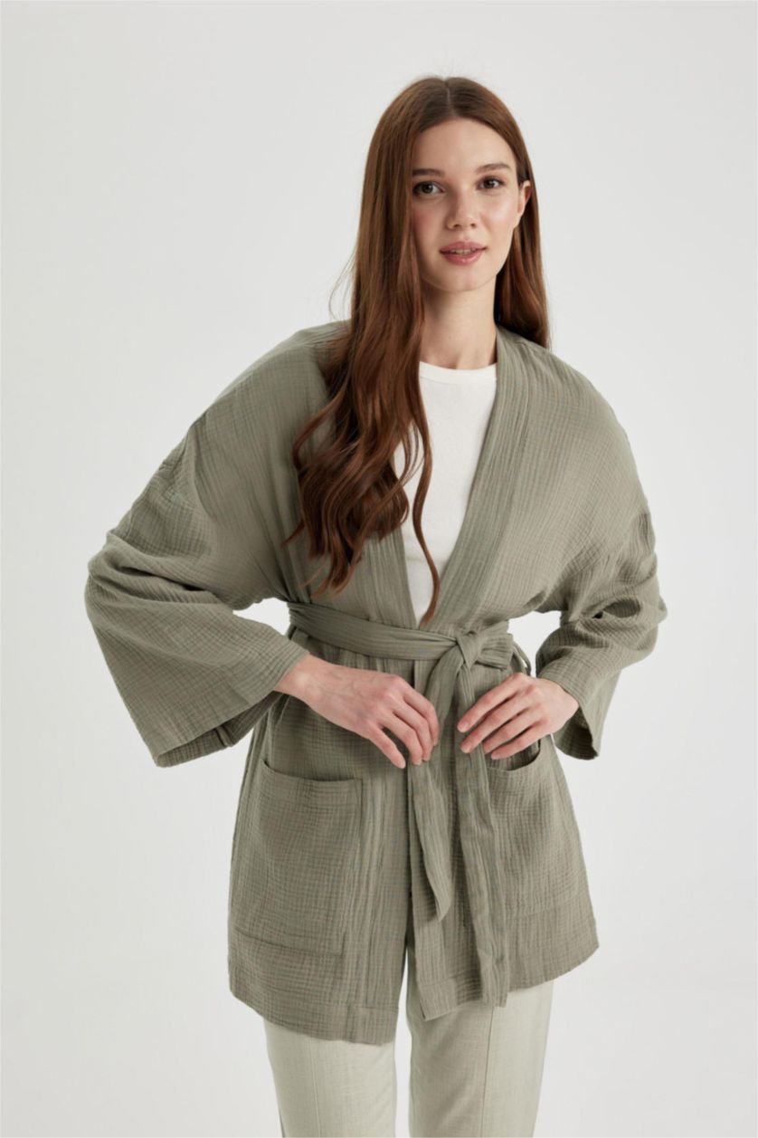 Woman Light Khaki Regular Fit V-Neck Muslin Kimono