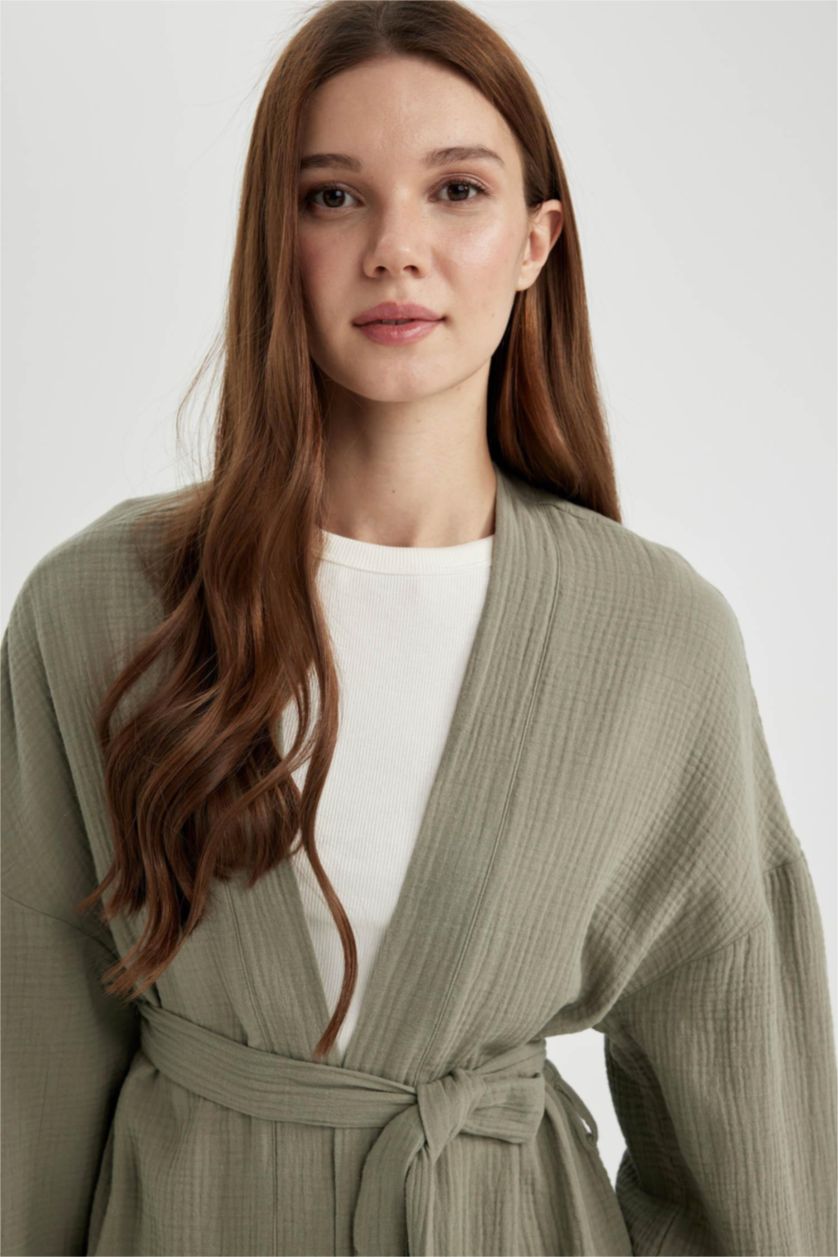 Woman Light Khaki Regular Fit V-Neck Muslin Kimono