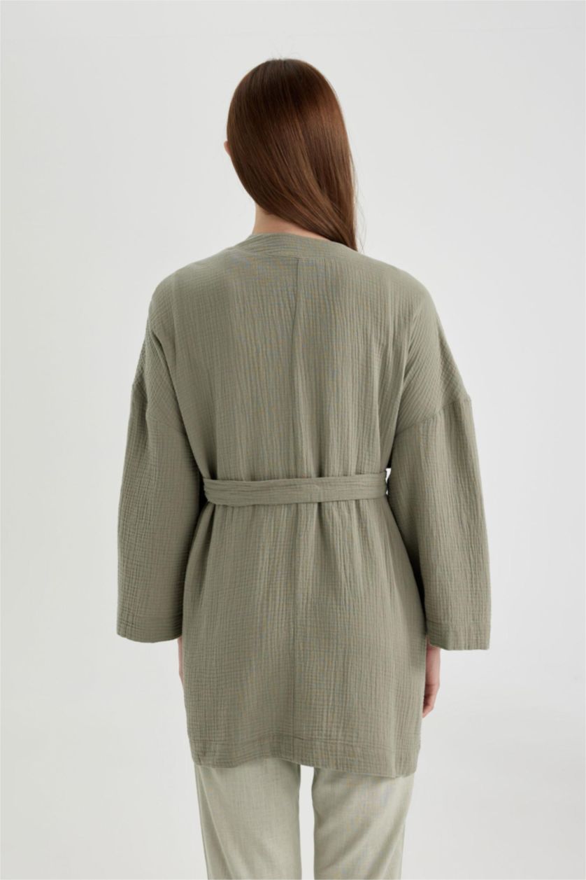 Woman Light Khaki Regular Fit V-Neck Muslin Kimono