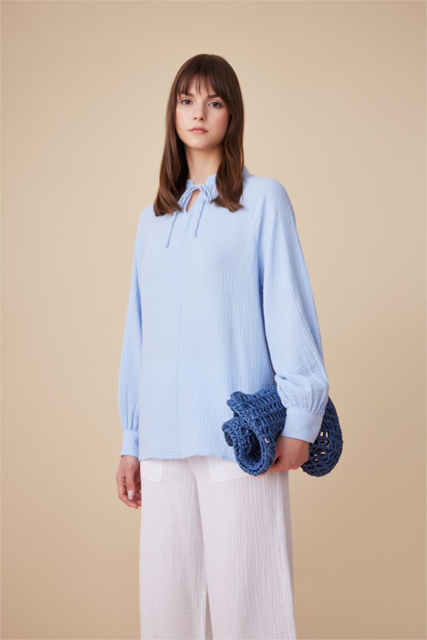 FEMME BLEU Clair Tunique À Manches Longues en Mousseline Coupe Régulière