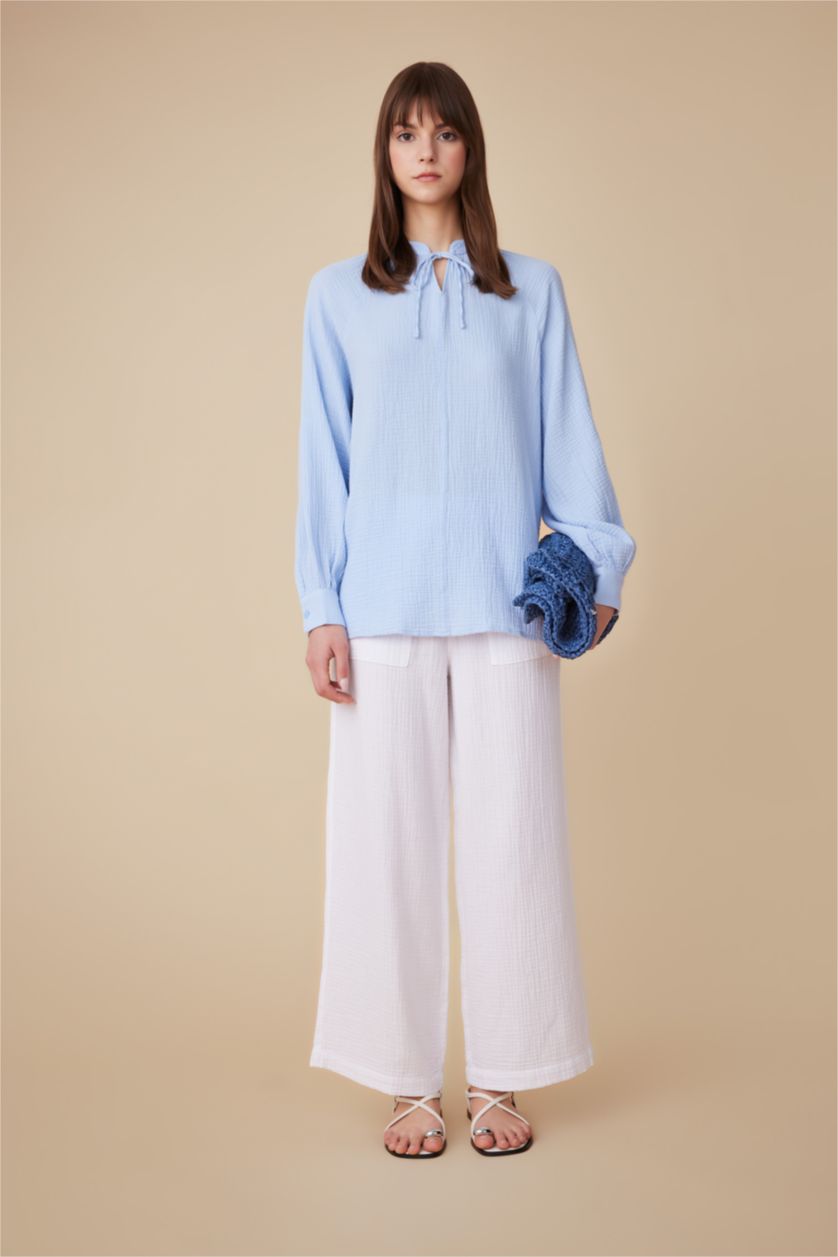 FEMME BLEU Clair Tunique À Manches Longues en Mousseline Coupe Régulière