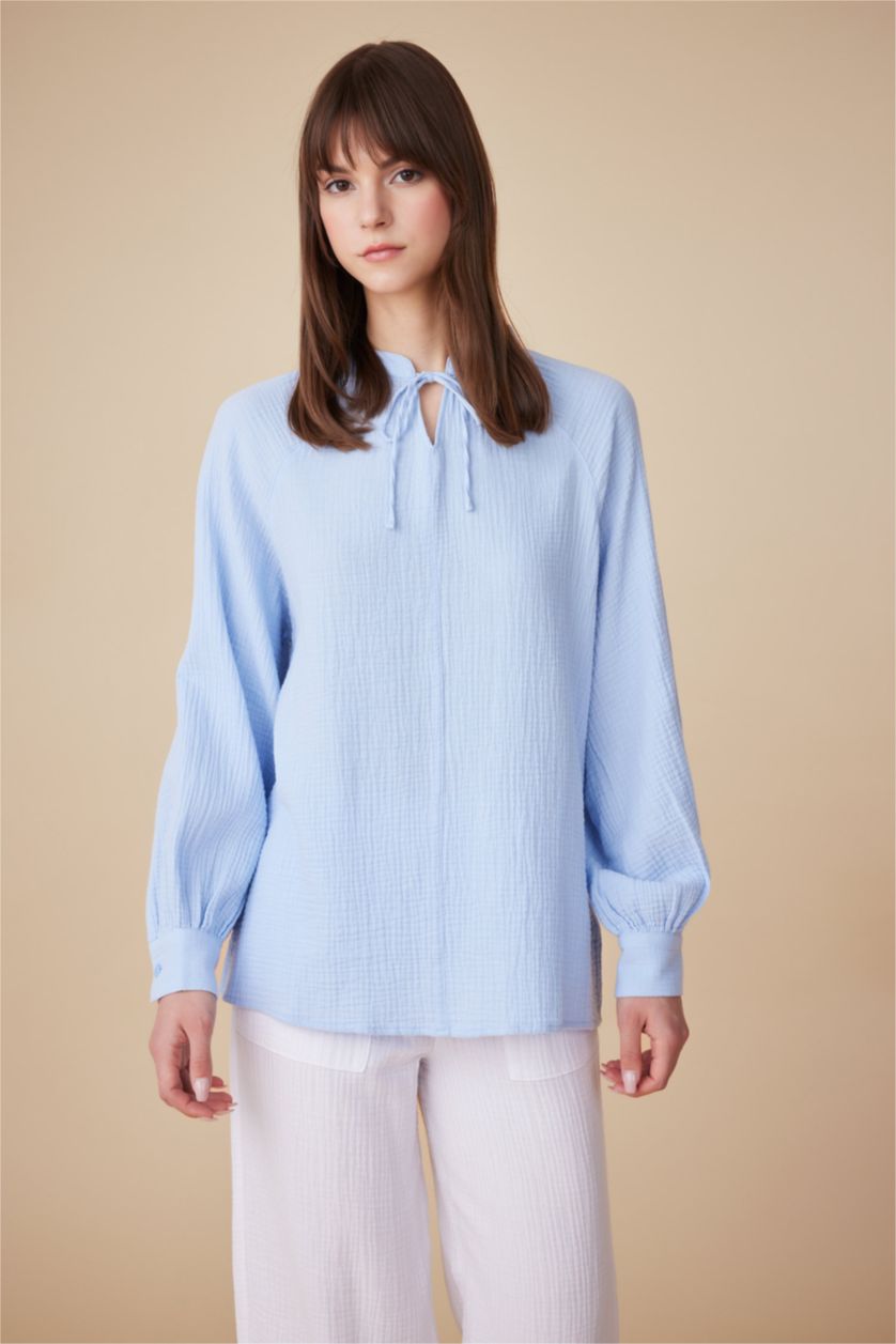 FEMME BLEU Clair Tunique À Manches Longues en Mousseline Coupe Régulière