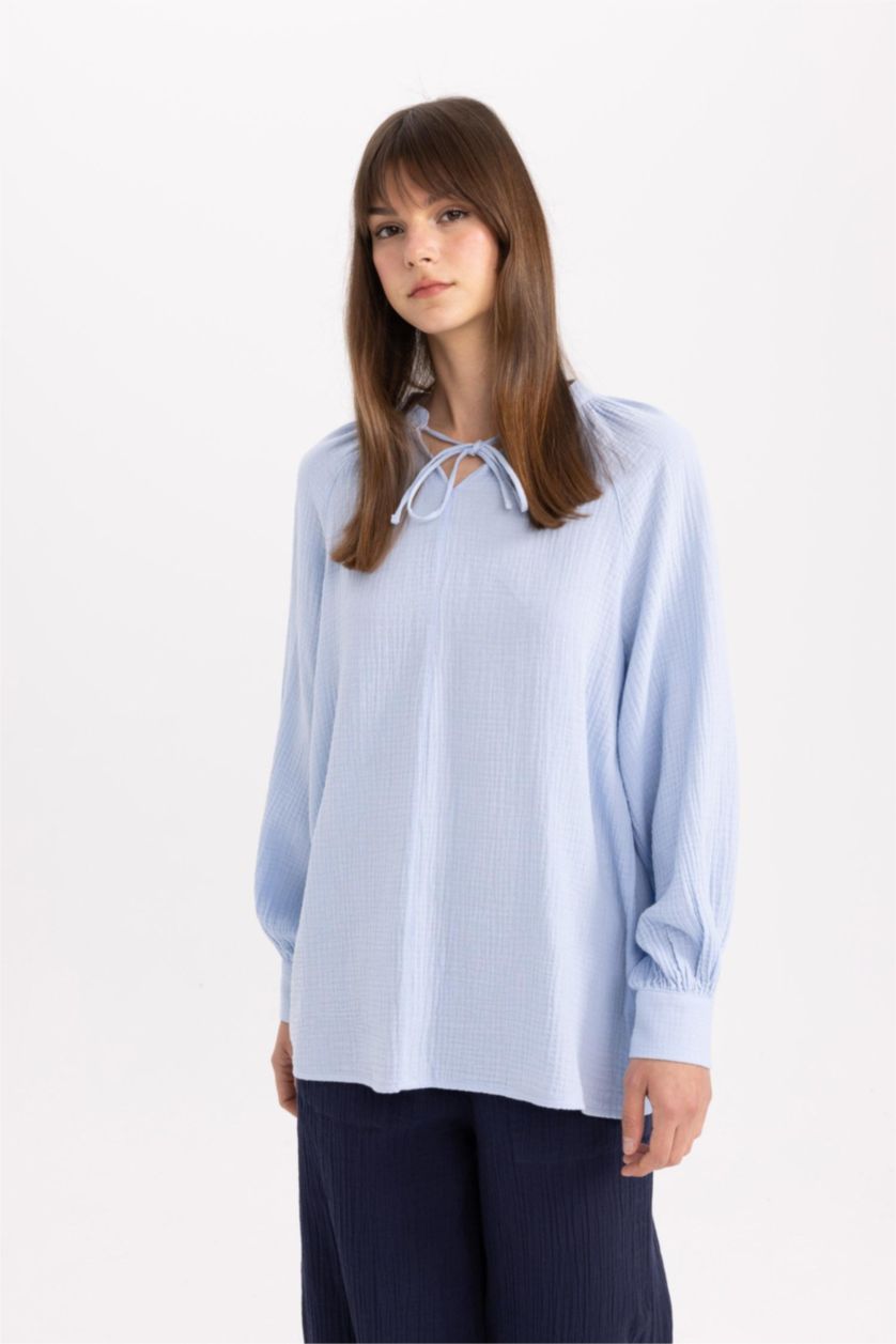 FEMME BLEU Clair Tunique À Manches Longues en Mousseline Coupe Régulière