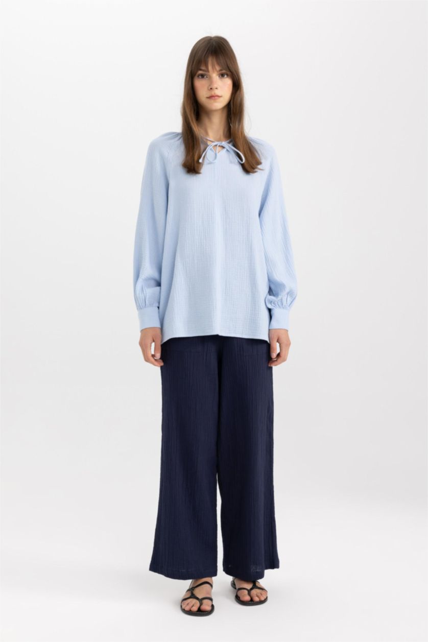 FEMME BLEU Clair Tunique À Manches Longues en Mousseline Coupe Régulière