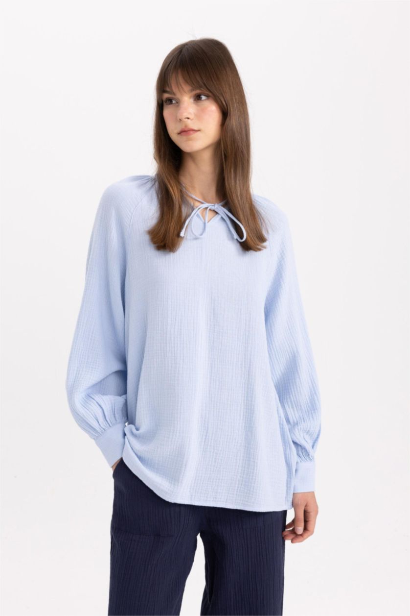 FEMME BLEU Clair Tunique À Manches Longues en Mousseline Coupe Régulière