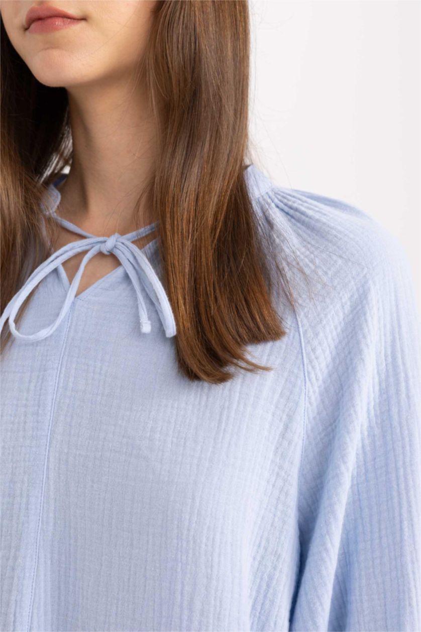 FEMME BLEU Clair Tunique À Manches Longues en Mousseline Coupe Régulière