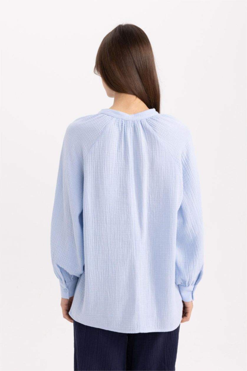 FEMME BLEU Clair Tunique À Manches Longues en Mousseline Coupe Régulière