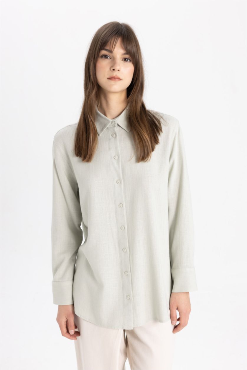 WOMAN Light Khaki Regular Fit Linen Blend Long Sleeve Tunic