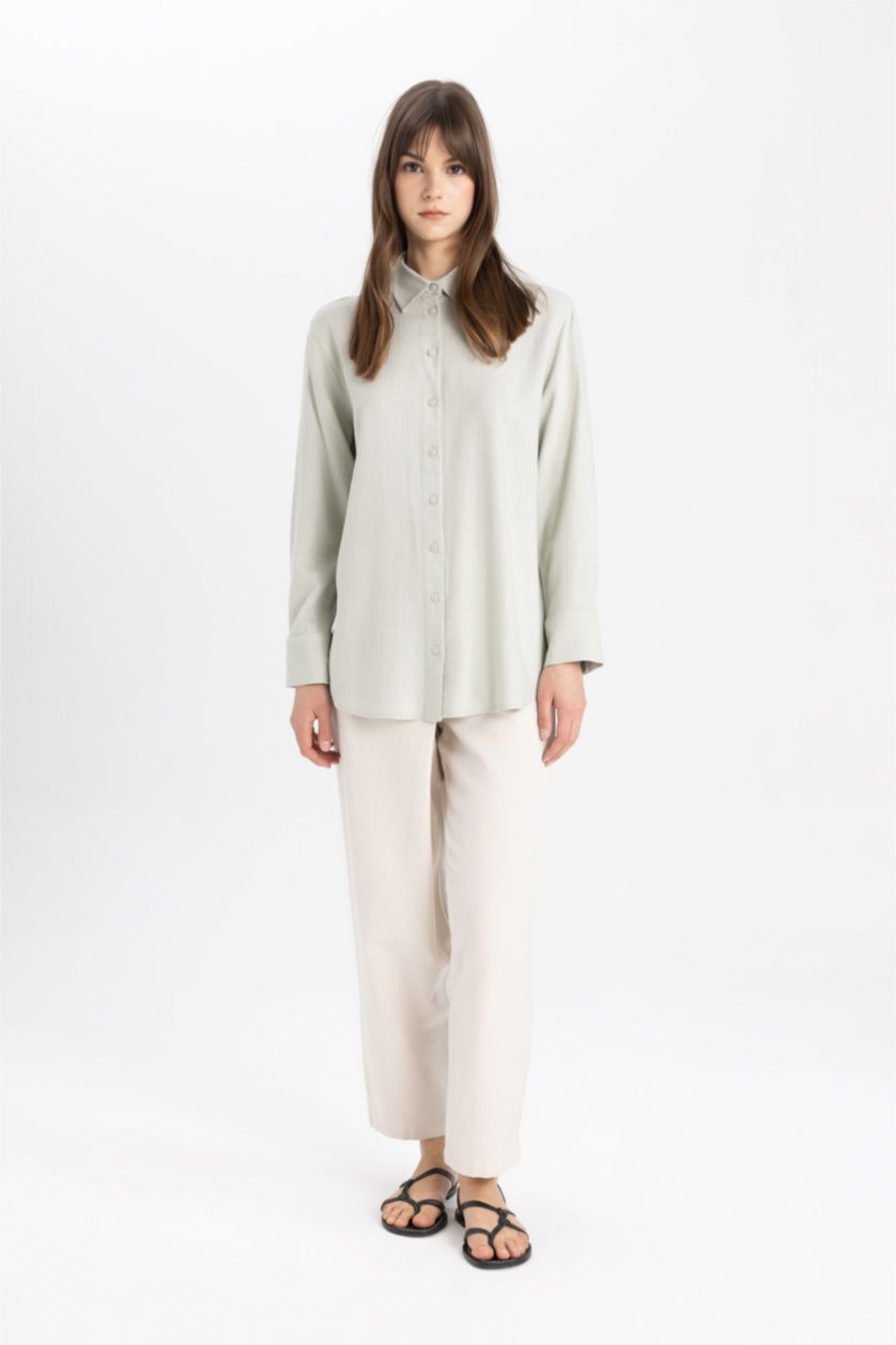 WOMAN Light Khaki Regular Fit Linen Blend Long Sleeve Tunic