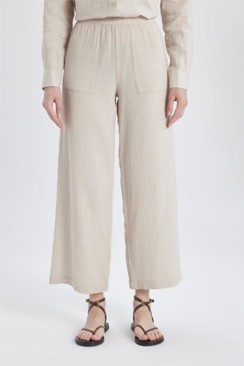 FEMME Beige Pantalon Palazzo Mousseline