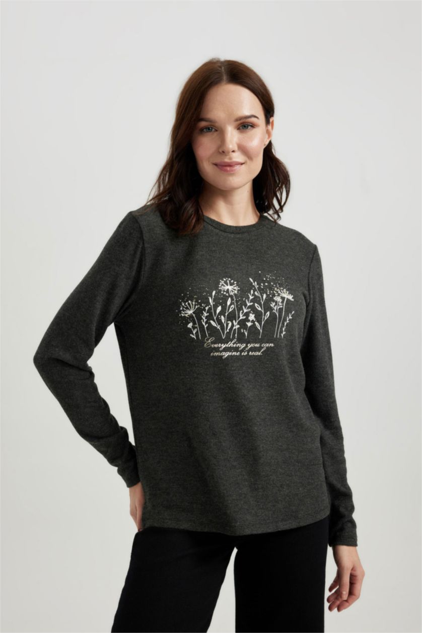 WOMAN Anthracite Melange Regular Fit Crew Neck Floral Long Sleeve T-Shirt