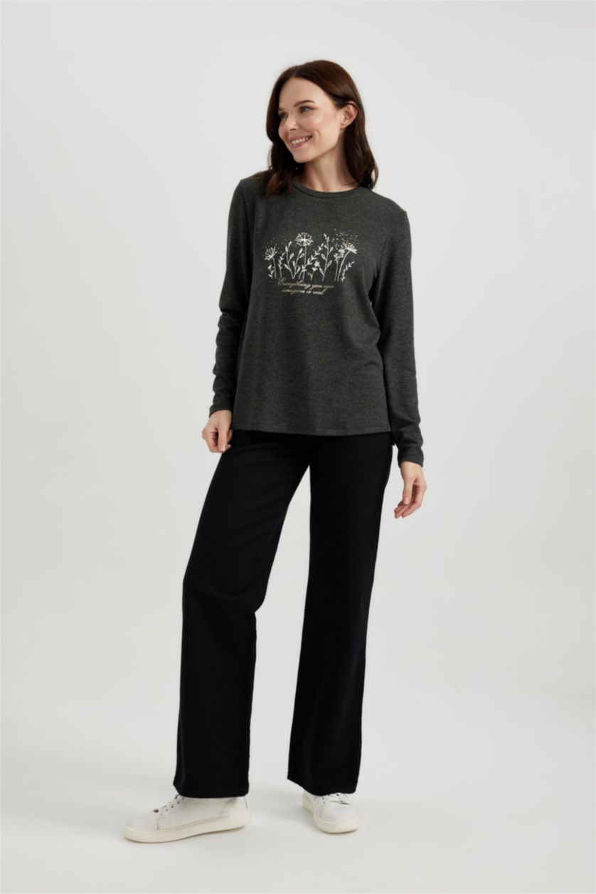 WOMAN Anthracite Melange Regular Fit Crew Neck Floral Long Sleeve T-Shirt