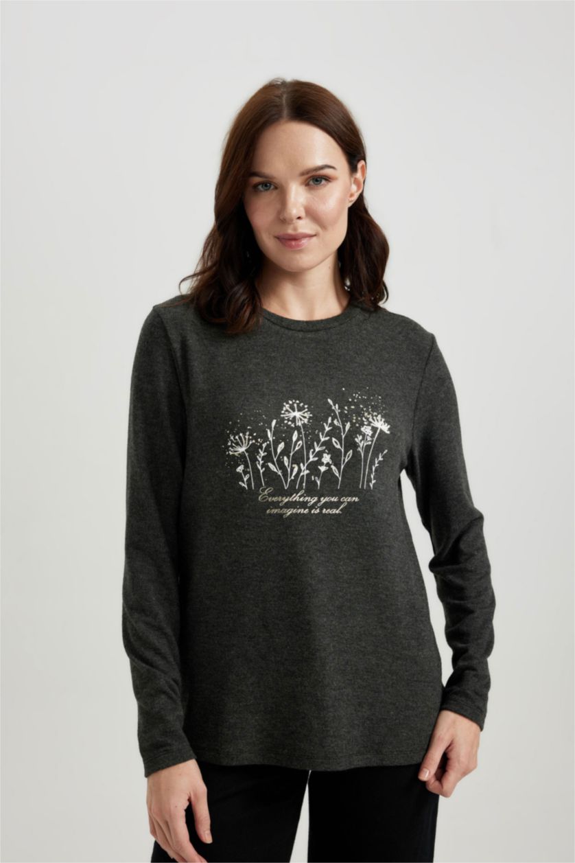 WOMAN Anthracite Melange Regular Fit Crew Neck Floral Long Sleeve T-Shirt
