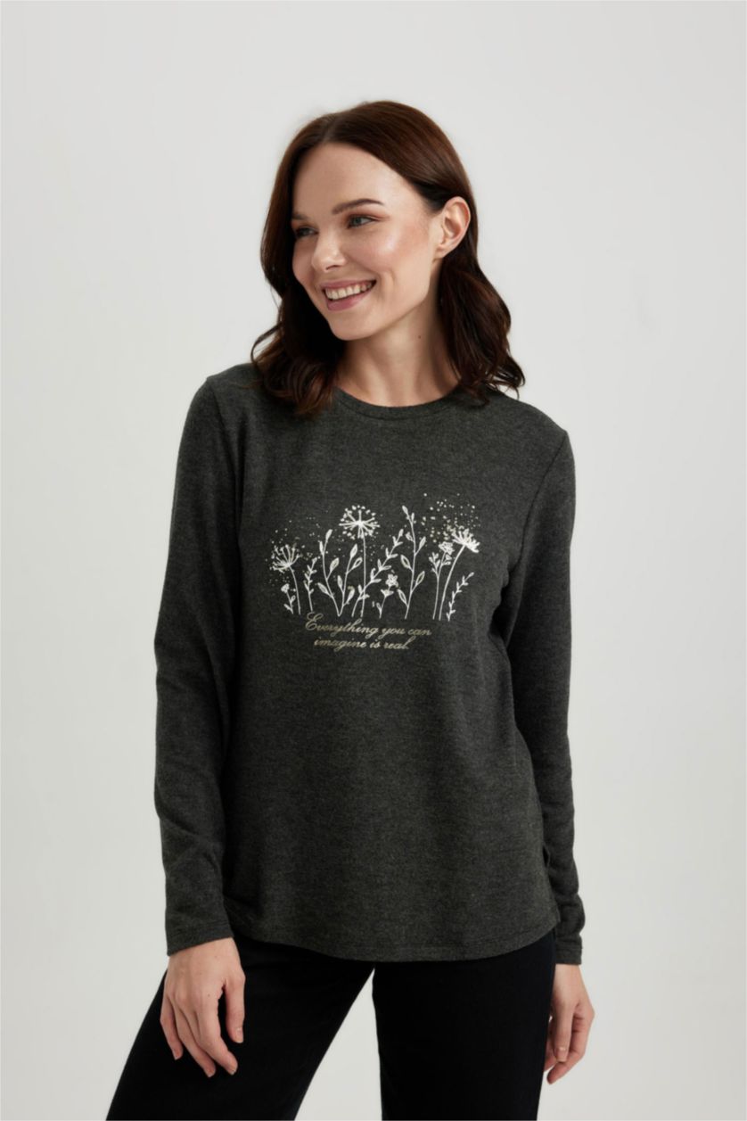 WOMAN Anthracite Melange Regular Fit Crew Neck Floral Long Sleeve T-Shirt