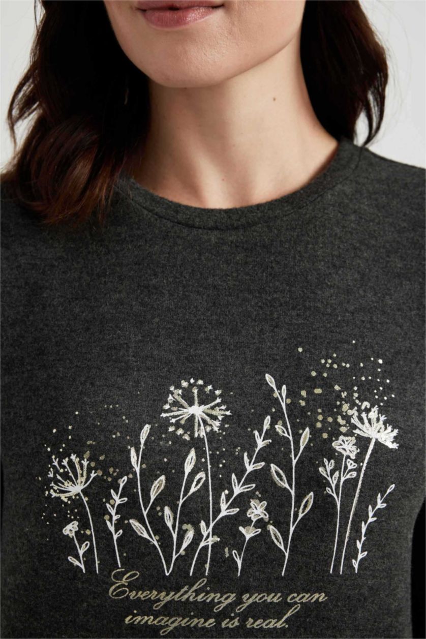 WOMAN Anthracite Melange Regular Fit Crew Neck Floral Long Sleeve T-Shirt
