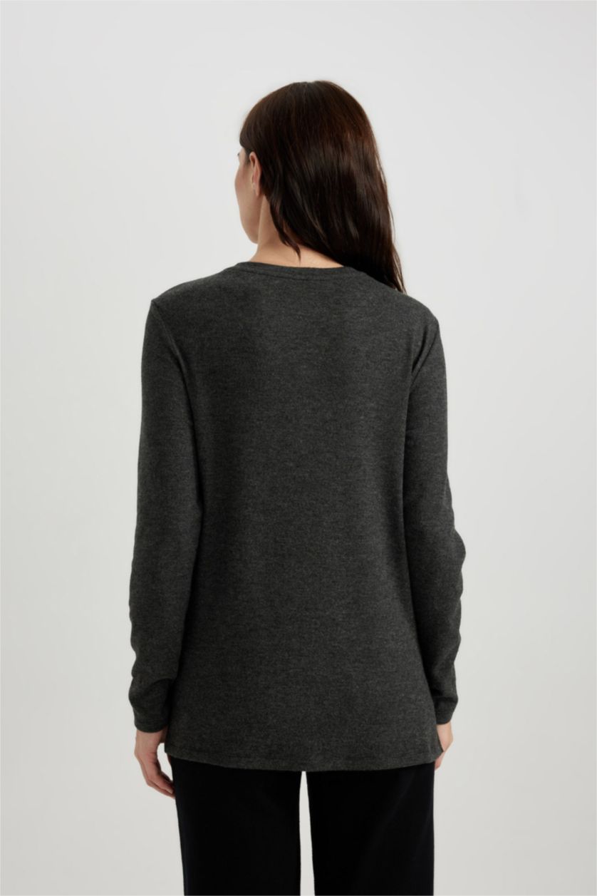 WOMAN Anthracite Melange Regular Fit Crew Neck Floral Long Sleeve T-Shirt