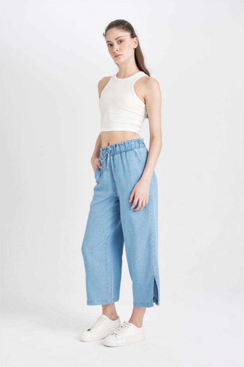 Woman Blue Culotte High Waist Short Wide Leg Slit Jeans
