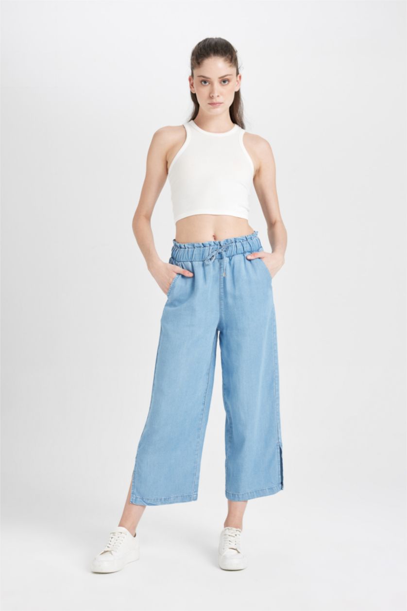 Woman Blue Culotte High Waist Short Wide Leg Slit Jeans
