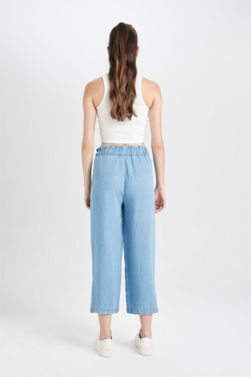 Woman Blue Culotte High Waist Short Wide Leg Slit Jeans