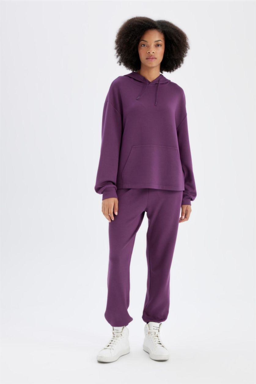 نساء اللون البرقوقي سويت شيرت رياضي واسع برقبة عالية بجيب من DeFactoFit