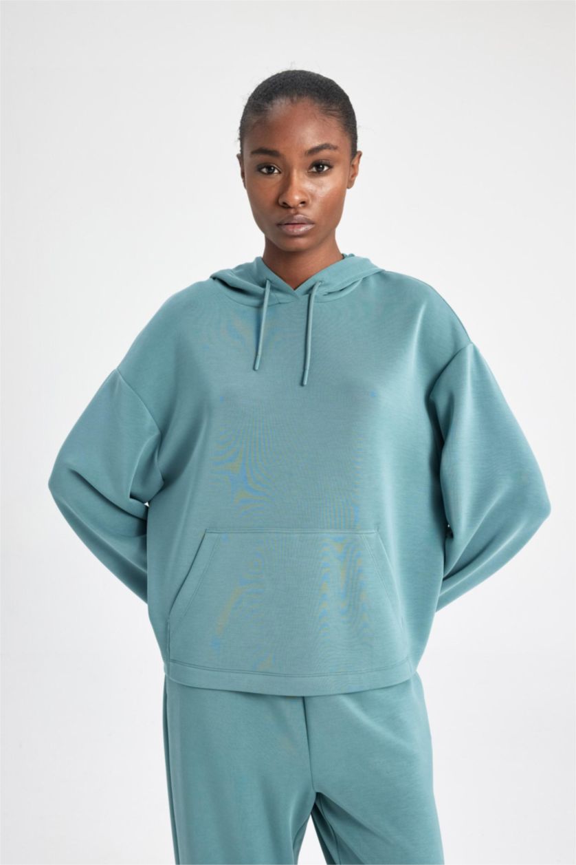 Kadın Yeşil Oversize Geniş Kalıp Modal Kapüşonlu Kanguru Cepli Sporcu Sweatshirt