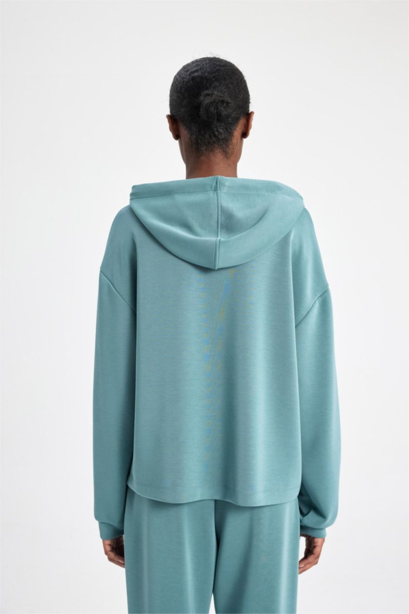 Kadın Yeşil Oversize Geniş Kalıp Modal Kapüşonlu Kanguru Cepli Sporcu Sweatshirt