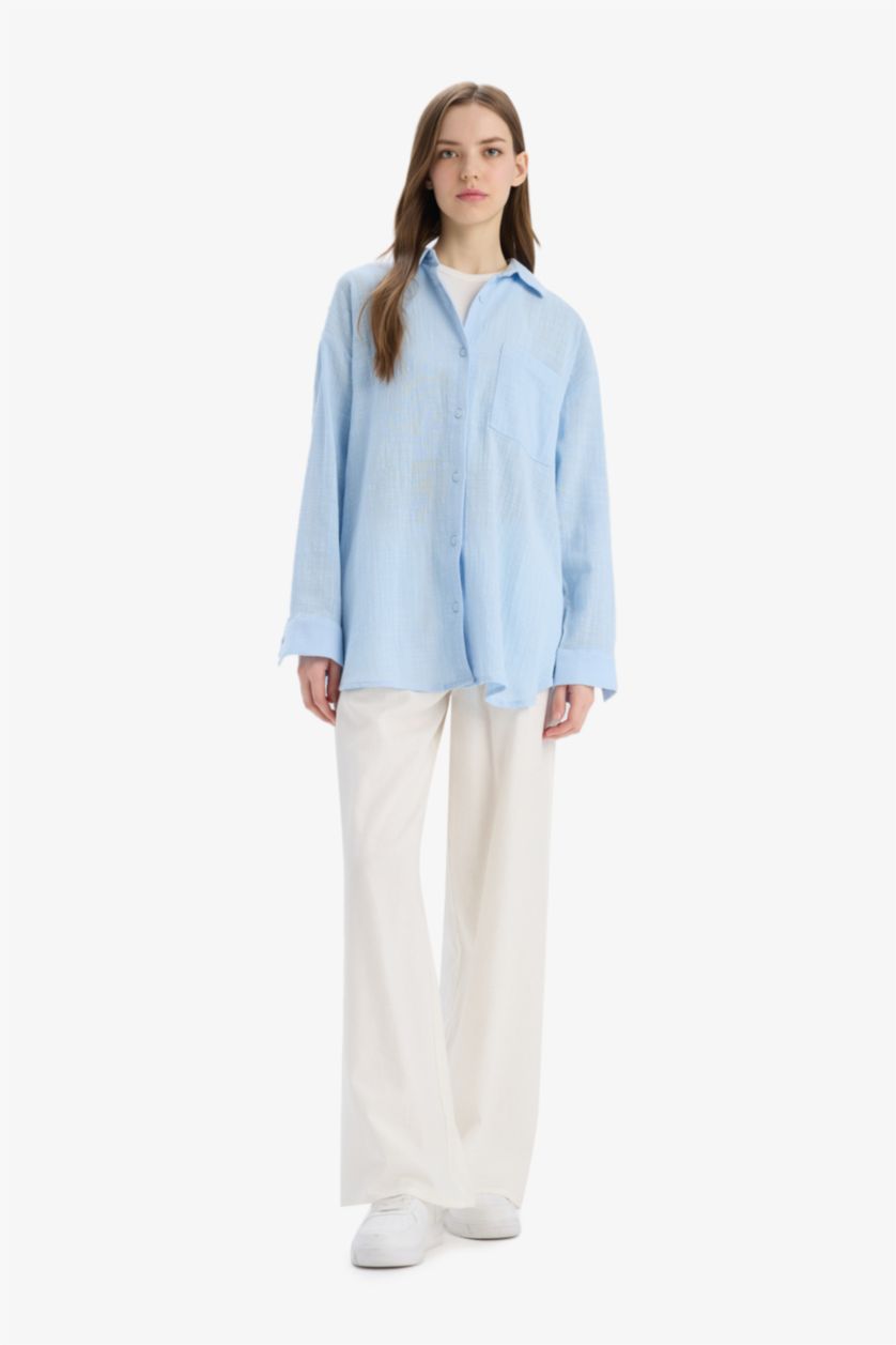 FEMME BLEU Clair Chemise oversize effet lin à manches longues