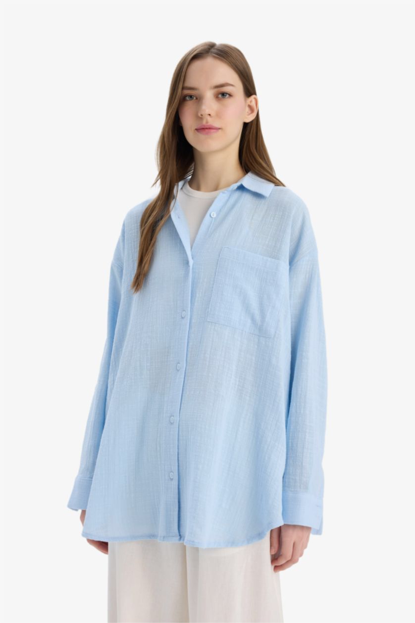 FEMME BLEU Clair Chemise oversize effet lin à manches longues