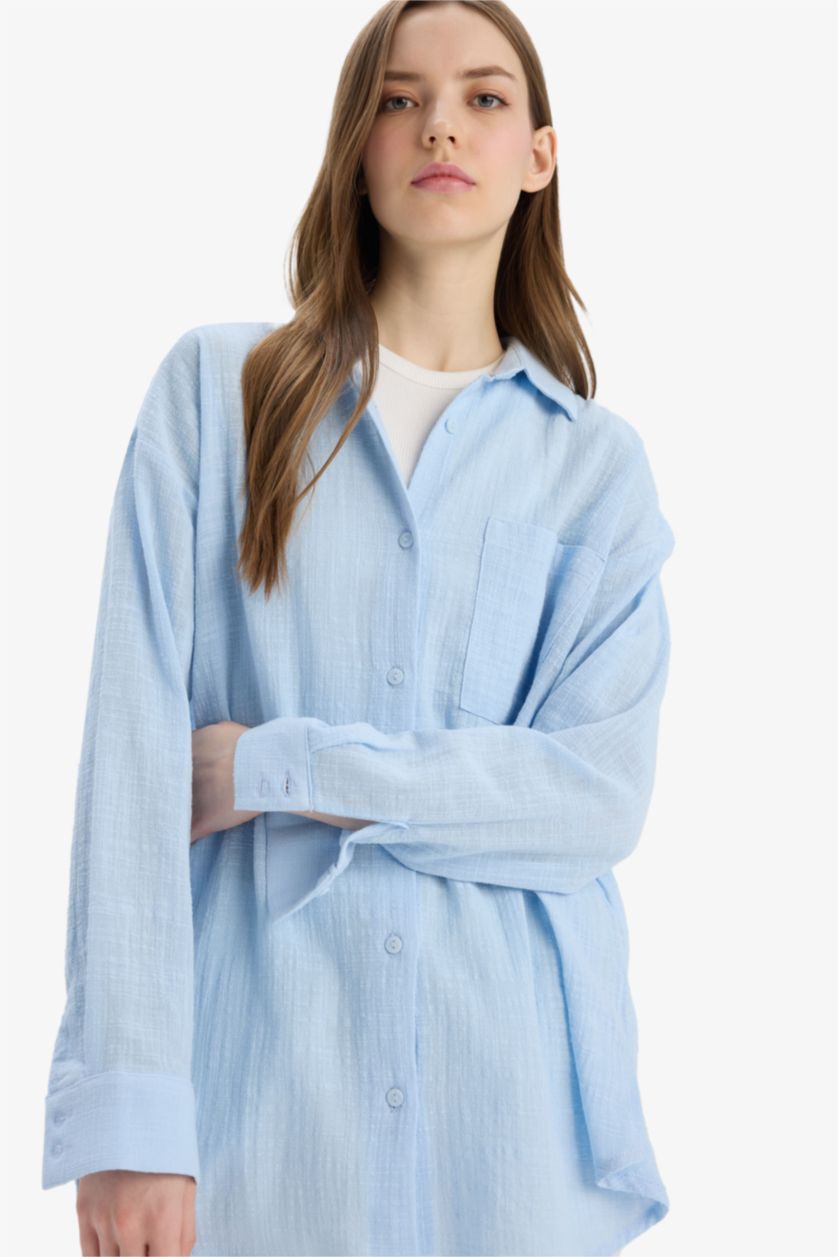FEMME BLEU Clair Chemise oversize effet lin à manches longues