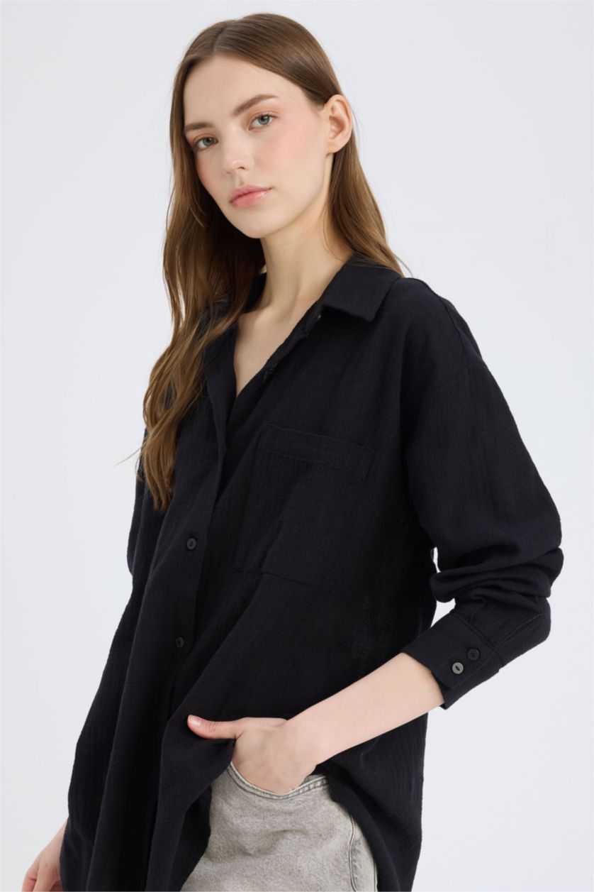 FEMME Noir Oversize Fit Linen Look Long Sleeve Shirt