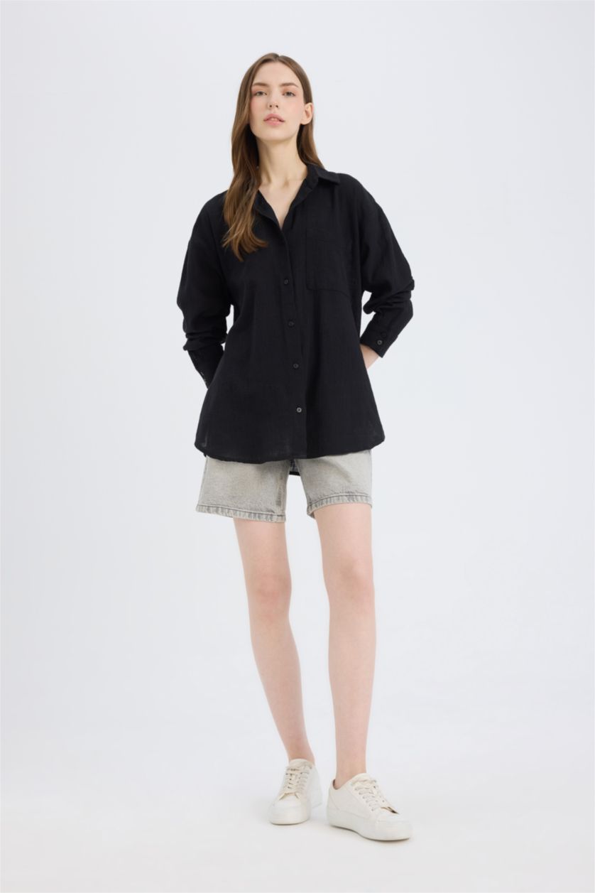 FEMME Noir Oversize Fit Linen Look Long Sleeve Shirt