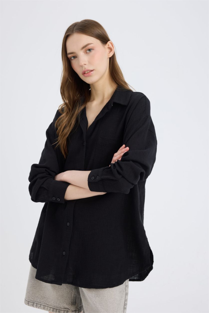 FEMME Noir Oversize Fit Linen Look Long Sleeve Shirt