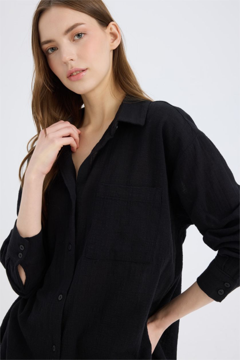 FEMME Noir Oversize Fit Linen Look Long Sleeve Shirt