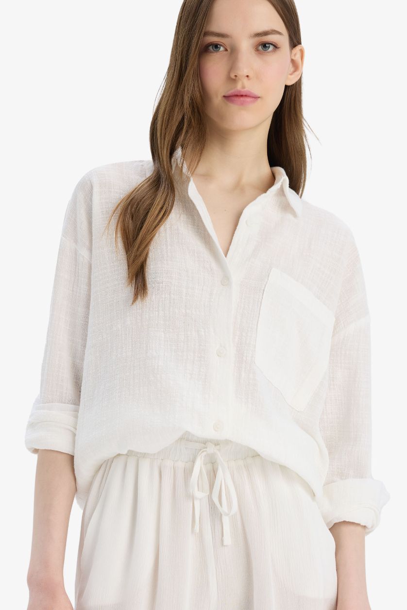 WOMAN White Oversize Fit Shirt Collar Linen Look Long Sleeve Shirt