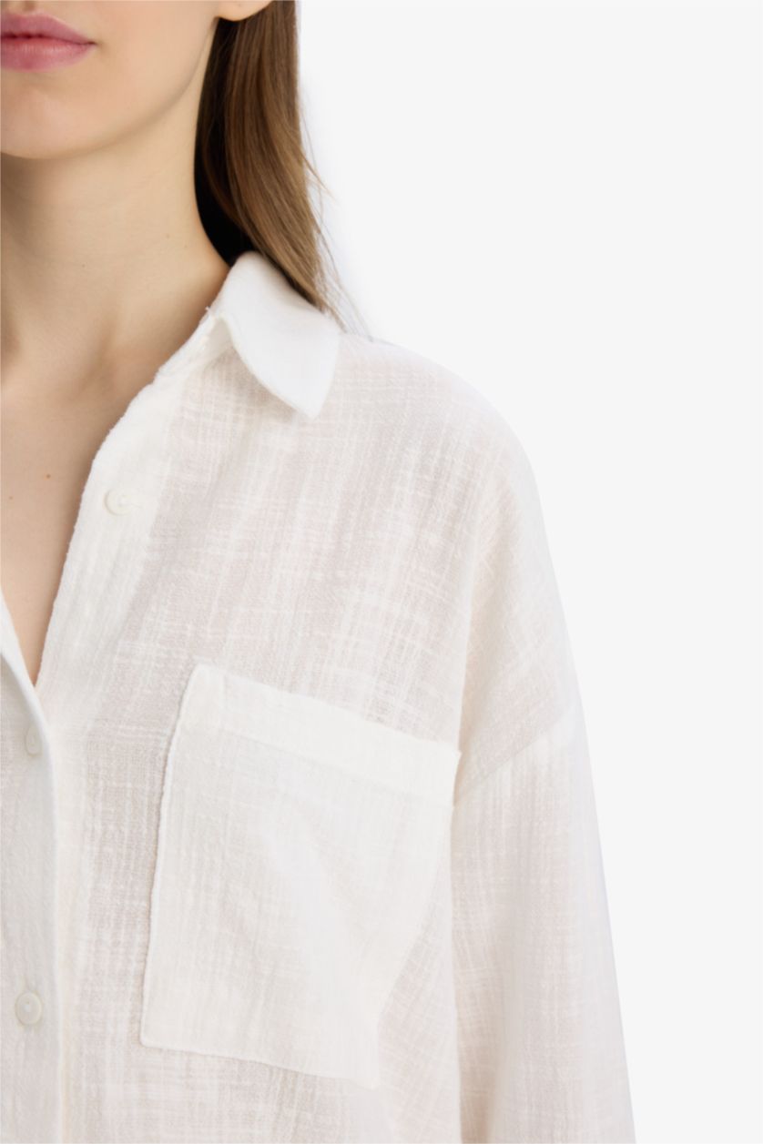 WOMAN White Oversize Fit Shirt Collar Linen Look Long Sleeve Shirt