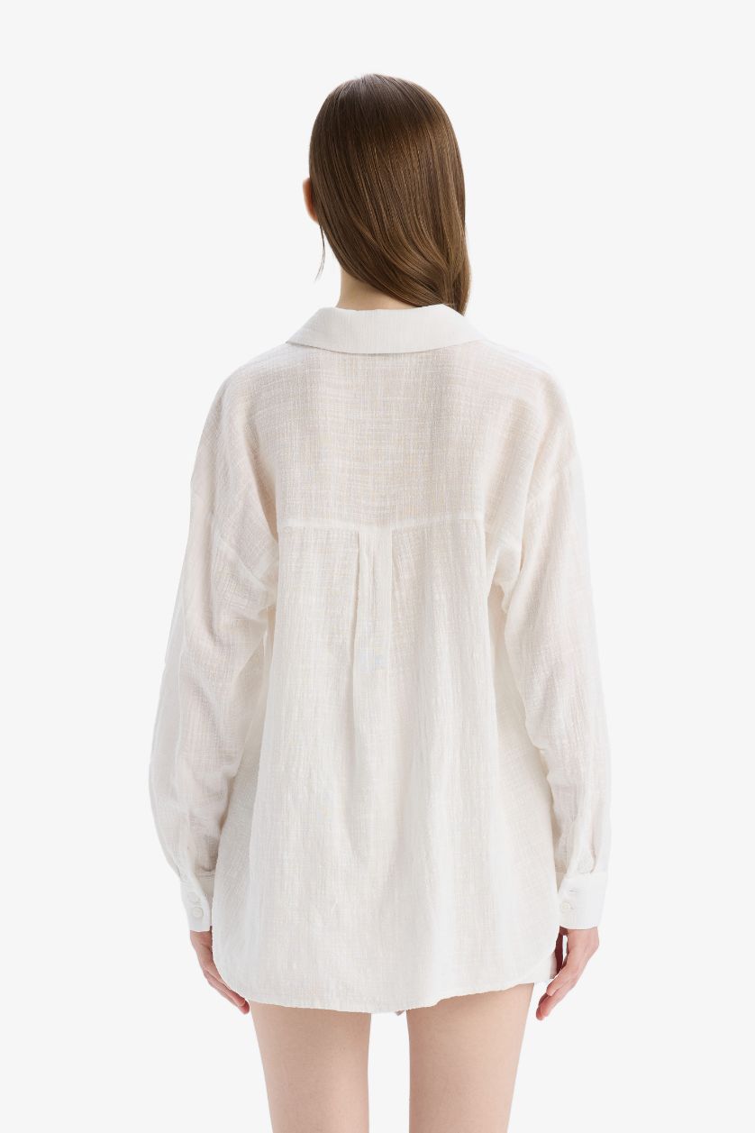 WOMAN White Oversize Fit Shirt Collar Linen Look Long Sleeve Shirt