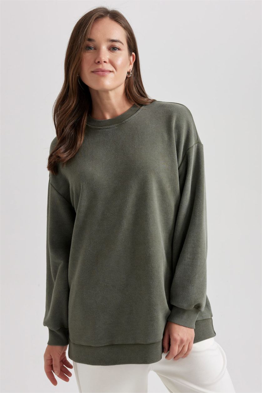 WOMAN Khaki Regular Fit Crew Neck Basic Sweatshirt Tunic