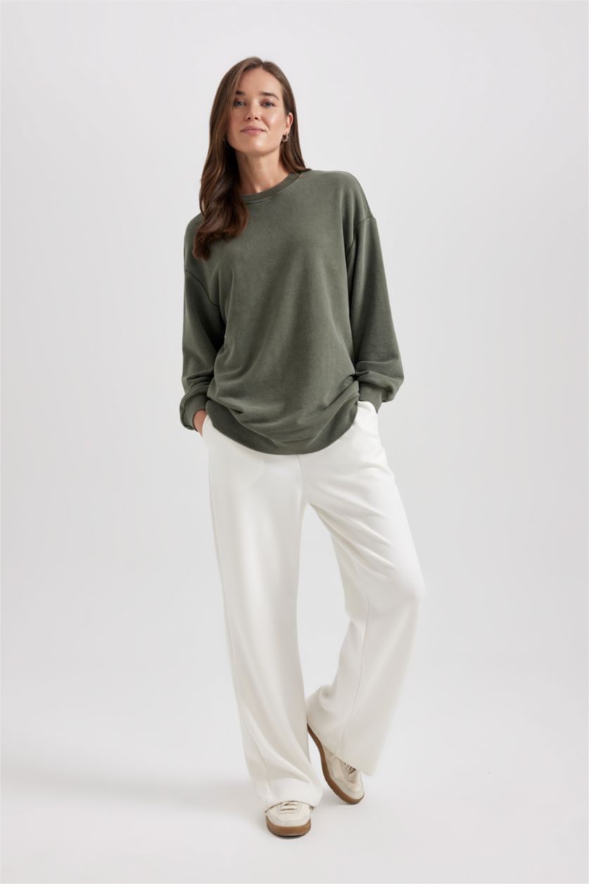 WOMAN Khaki Regular Fit Crew Neck Basic Sweatshirt Tunic