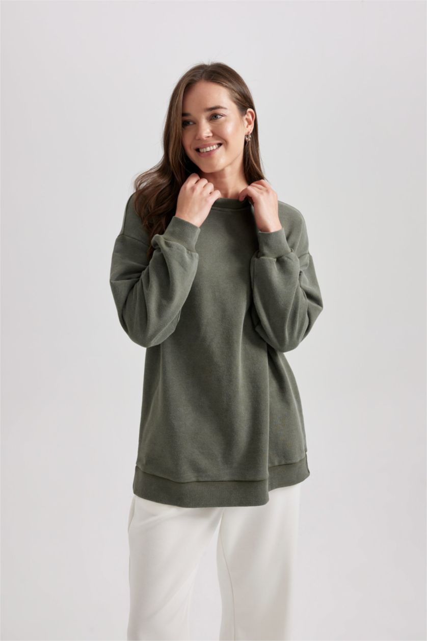 WOMAN Khaki Regular Fit Crew Neck Basic Sweatshirt Tunic