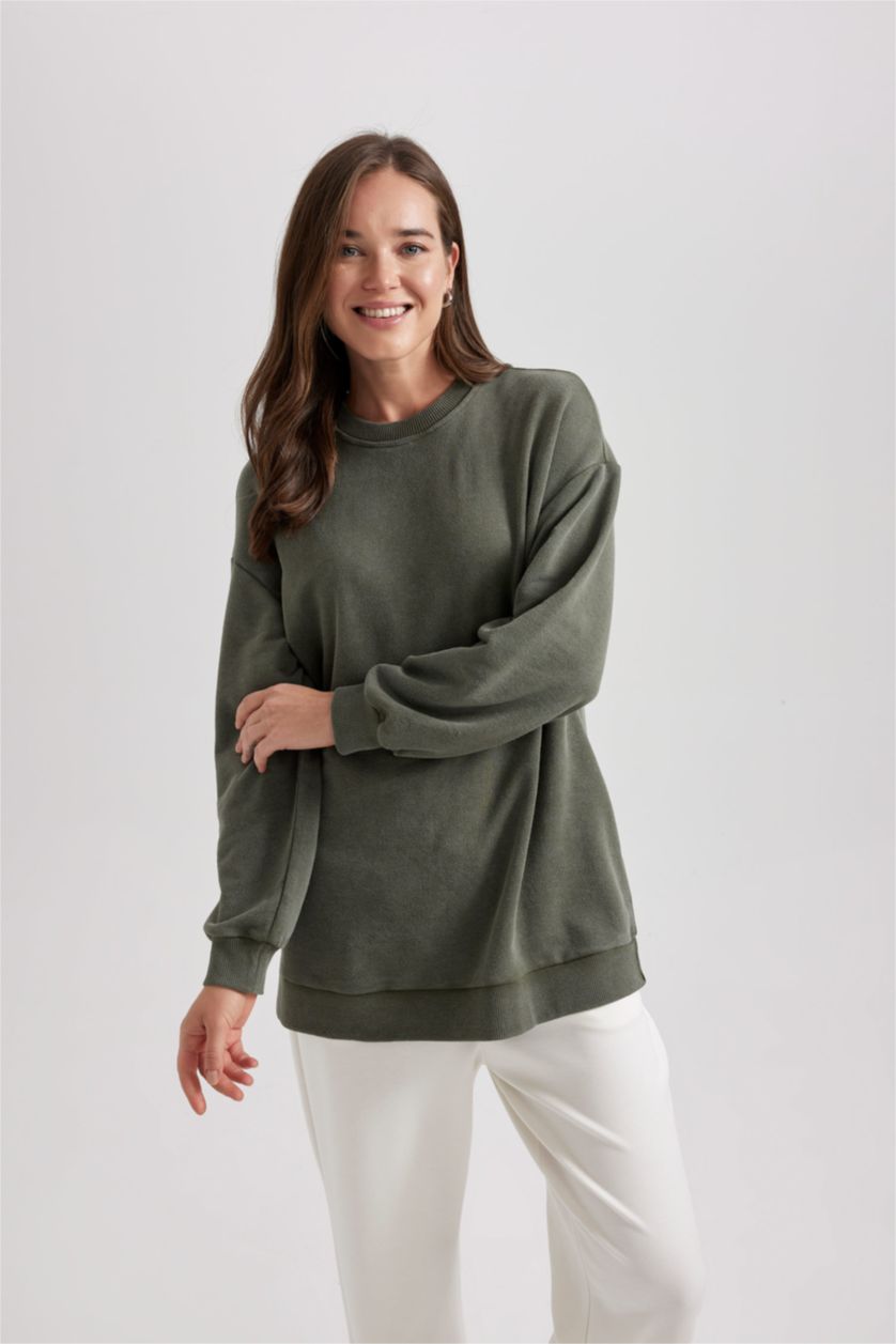 WOMAN Khaki Regular Fit Crew Neck Basic Sweatshirt Tunic