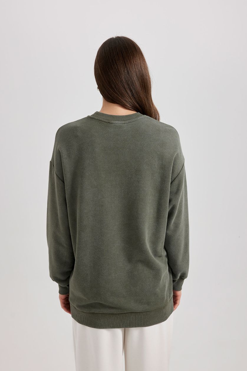 WOMAN Khaki Regular Fit Crew Neck Basic Sweatshirt Tunic